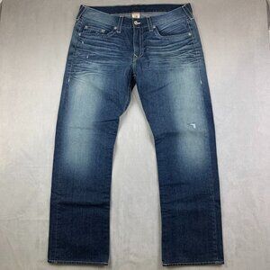 True Religion Mens Pants 38 Blue Distressed Jeans Straight Leg Faded USA 38x32